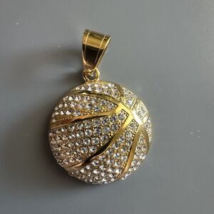 Basketball Stainless Steel Pendant 24 Inch Chain Trophy Cubic Zirconia Gold